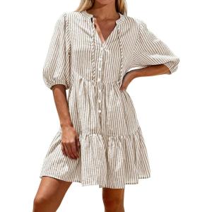 image:imageBTFBM Women Summer Dresses 2026 Striped Mini Dress Half Sleeve Button Down Tiered Flowy Beach Vacation Outfits PocketsBrown