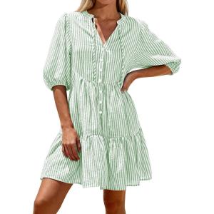 image:imageBTFBM Women Summer Dresses 2026 Striped Mini Dress Half Sleeve Button Down Tiered Flowy Beach Vacation Outfits PocketsGreen
