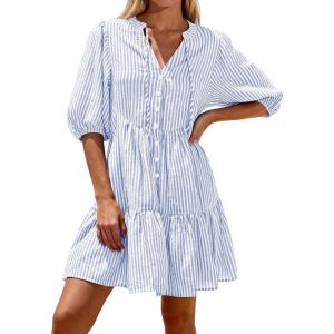 image:imageBTFBM Women Summer Dresses 2026 Striped Mini Dress Half Sleeve Button Down Tiered Flowy Beach Vacation Outfits PocketsLight Blue
