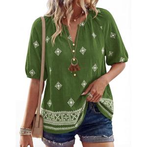 image:imageBTFBM Womens Summer Boho Tops Casual V Neck Short Sleeve Blouses Floral Print Shirt Tie Front Beach Vacation Fashion ClothingFloral Green White