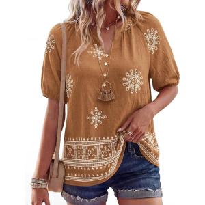 image:imageBTFBM Womens Summer Boho Tops Casual V Neck Short Sleeve Blouses Floral Print Shirt Tie Front Beach Vacation Fashion ClothingFloral Khaki Apricot