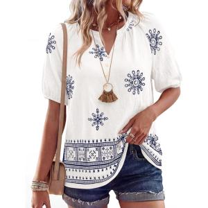 image:imageBTFBM Womens Summer Boho Tops Casual V Neck Short Sleeve Blouses Floral Print Shirt Tie Front Beach Vacation Fashion ClothingFloral White Navy