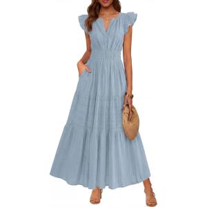 image:imageBTFBM Womens Summer Maxi Dress 2026 Spring Boho Vacation Ruffle Flutter Short Sleeve A Line Tiered Flowy Dresses PocketsBlue Grey