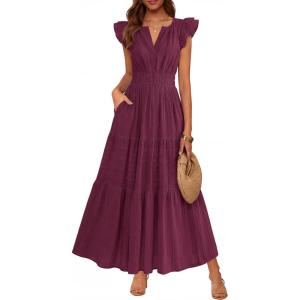 image:imageBTFBM Womens Summer Maxi Dress 2026 Spring Boho Vacation Ruffle Flutter Short Sleeve A Line Tiered Flowy Dresses PocketsBurgundy