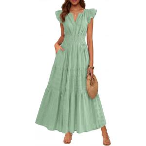 image:imageBTFBM Womens Summer Maxi Dress 2026 Spring Boho Vacation Ruffle Flutter Short Sleeve A Line Tiered Flowy Dresses PocketsSage Green