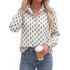 image:imageBTFBM Long Sleeve Blouses for Women Floral V Neck Button Down Shirts Smocked Cuffs Business Casual Summer Outfits 2026Floral White Blue