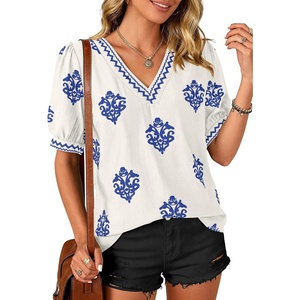 image:imageBTFBM Casual Summer T Shirts Going Out Tops for Women Beach Vacation Clothes Short Sleeve Blouses V Neck Boho TunicsApricot Blue Flower
