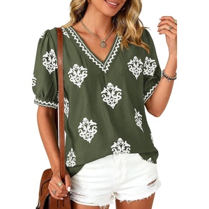 image:imageBTFBM Casual Summer T Shirts Going Out Tops for Women Beach Vacation Clothes Short Sleeve Blouses V Neck Boho TunicsArmy Green White Flower