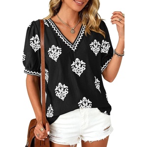 image:imageBTFBM Casual Summer T Shirts Going Out Tops for Women Beach Vacation Clothes Short Sleeve Blouses V Neck Boho TunicsBlack White Flower