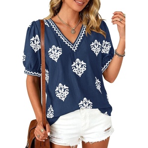 image:imageBTFBM Casual Summer T Shirts Going Out Tops for Women Beach Vacation Clothes Short Sleeve Blouses V Neck Boho TunicsBlue White Flower