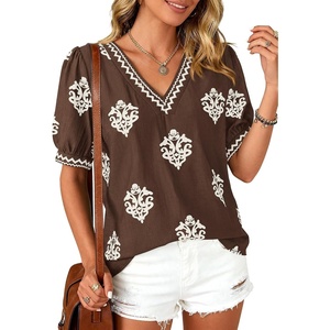 image:imageBTFBM Casual Summer T Shirts Going Out Tops for Women Beach Vacation Clothes Short Sleeve Blouses V Neck Boho TunicsBrown White Flower
