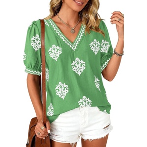 image:imageBTFBM Casual Summer T Shirts Going Out Tops for Women Beach Vacation Clothes Short Sleeve Blouses V Neck Boho TunicsGrass Green White Flower