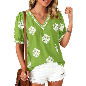 image:imageBTFBM Casual Summer T Shirts Going Out Tops for Women Beach Vacation Clothes Short Sleeve Blouses V Neck Boho TunicsGreen White Flower