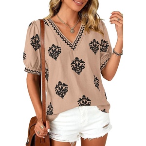 image:imageBTFBM Casual Summer T Shirts Going Out Tops for Women Beach Vacation Clothes Short Sleeve Blouses V Neck Boho TunicsKhaki Black Flower