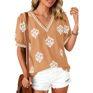 image:imageBTFBM Casual Summer T Shirts Going Out Tops for Women Beach Vacation Clothes Short Sleeve Blouses V Neck Boho TunicsKhaki White Flower