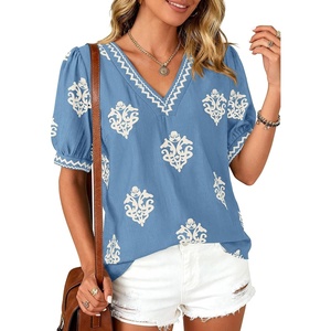 image:imageBTFBM Casual Summer T Shirts Going Out Tops for Women Beach Vacation Clothes Short Sleeve Blouses V Neck Boho TunicsLight Blue Apricot Flower
