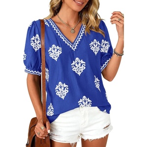 image:imageBTFBM Casual Summer T Shirts Going Out Tops for Women Beach Vacation Clothes Short Sleeve Blouses V Neck Boho TunicsRoyal Blue White Flower