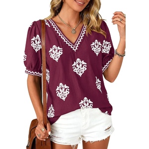 image:imageBTFBM Casual Summer T Shirts Going Out Tops for Women Beach Vacation Clothes Short Sleeve Blouses V Neck Boho TunicsWine Red White Flower