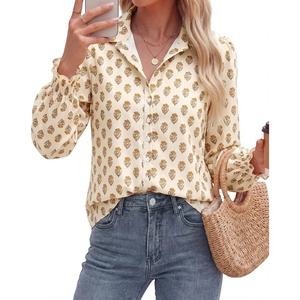 image:imageBTFBM Long Sleeve Blouses for Women Floral V Neck Button Down Shirts Smocked Cuffs Business Casual Summer Outfits 2026Floral Apricot Yellow