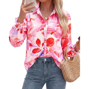 image:imageBTFBM Long Sleeve Blouses for Women Floral V Neck Button Down Shirts Smocked Cuffs Business Casual Summer Outfits 2026Floral Pink