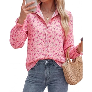 image:imageBTFBM Long Sleeve Blouses for Women Floral V Neck Button Down Shirts Smocked Cuffs Business Casual Summer Outfits 2026Floral Pink Rose Red