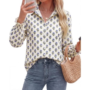 image:imageBTFBM Long Sleeve Blouses for Women Floral V Neck Button Down Shirts Smocked Cuffs Business Casual Summer Outfits 2026Floral White Blue
