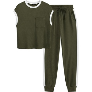 image:imageBTFBM Womens Two Piece Tracksuit Outfits Summer Short Sleeve Tops Long Pants Jogger Lounge Matching Sets SweatsuitA Army Green