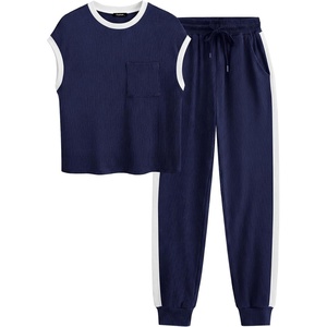 image:imageBTFBM Womens Two Piece Tracksuit Outfits Summer Short Sleeve Tops Long Pants Jogger Lounge Matching Sets SweatsuitA Navy