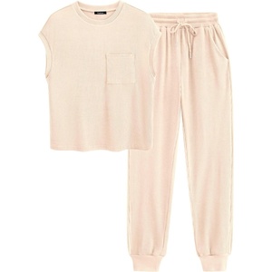 image:imageBTFBM Womens Two Piece Tracksuit Outfits Summer Short Sleeve Tops Long Pants Jogger Lounge Matching Sets SweatsuitApricot