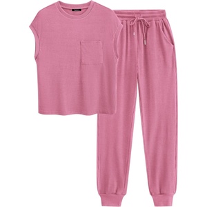 image:imageBTFBM Womens Two Piece Tracksuit Outfits Summer Short Sleeve Tops Long Pants Jogger Lounge Matching Sets SweatsuitDark Pink