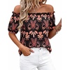 image:imageBTFBM Off The Shoulder Boho Tops for Women 2026 Summer Spring Short Sleeve Floral Loose Resort Beach Vacation ClothesFloral Black Orange