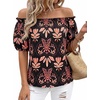 image:imageBTFBM Off The Shoulder Boho Tops for Women 2026 Summer Spring Short Sleeve Floral Loose Resort Beach Vacation ClothesFloral Black Orange