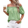 image:imageBTFBM Off The Shoulder Boho Tops for Women 2026 Summer Spring Short Sleeve Floral Loose Resort Beach Vacation ClothesFloral Green Purple