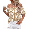 image:imageBTFBM Off The Shoulder Boho Tops for Women 2026 Summer Spring Short Sleeve Floral Loose Resort Beach Vacation ClothesFloral Khaki