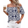 image:imageBTFBM Off The Shoulder Boho Tops for Women 2026 Summer Spring Short Sleeve Floral Loose Resort Beach Vacation ClothesFloral Navy White