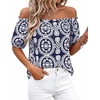 image:imageBTFBM Off The Shoulder Boho Tops for Women 2026 Summer Spring Short Sleeve Floral Loose Resort Beach Vacation ClothesFloral Navy White