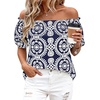 image:imageBTFBM Off The Shoulder Boho Tops for Women 2026 Summer Spring Short Sleeve Floral Loose Resort Beach Vacation ClothesFloral Navy White
