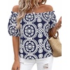 image:imageBTFBM Off The Shoulder Boho Tops for Women 2026 Summer Spring Short Sleeve Floral Loose Resort Beach Vacation ClothesFloral Navy White