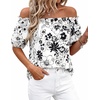 image:imageBTFBM Off The Shoulder Boho Tops for Women 2026 Summer Spring Short Sleeve Floral Loose Resort Beach Vacation ClothesFloral White