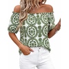 image:imageBTFBM Off The Shoulder Boho Tops for Women 2026 Summer Spring Short Sleeve Floral Loose Resort Beach Vacation ClothesFloral White Army Green