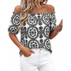 image:imageBTFBM Off The Shoulder Boho Tops for Women 2026 Summer Spring Short Sleeve Floral Loose Resort Beach Vacation ClothesFloral White Black