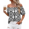 image:imageBTFBM Off The Shoulder Boho Tops for Women 2026 Summer Spring Short Sleeve Floral Loose Resort Beach Vacation ClothesFloral White Black