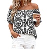 image:imageBTFBM Off The Shoulder Boho Tops for Women 2026 Summer Spring Short Sleeve Floral Loose Resort Beach Vacation ClothesFloral White Black