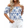 image:imageBTFBM Off The Shoulder Boho Tops for Women 2026 Summer Spring Short Sleeve Floral Loose Resort Beach Vacation ClothesFloral White Blue