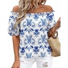 image:imageBTFBM Off The Shoulder Boho Tops for Women 2026 Summer Spring Short Sleeve Floral Loose Resort Beach Vacation ClothesFloral White Blue