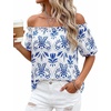 image:imageBTFBM Off The Shoulder Boho Tops for Women 2026 Summer Spring Short Sleeve Floral Loose Resort Beach Vacation ClothesFloral White Blue