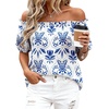 image:imageBTFBM Off The Shoulder Boho Tops for Women 2026 Summer Spring Short Sleeve Floral Loose Resort Beach Vacation ClothesFloral White Blue