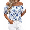 image:imageBTFBM Off The Shoulder Boho Tops for Women 2026 Summer Spring Short Sleeve Floral Loose Resort Beach Vacation ClothesFloral White Blue