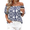 image:imageBTFBM Off The Shoulder Boho Tops for Women 2026 Summer Spring Short Sleeve Floral Loose Resort Beach Vacation ClothesFloral White Navy