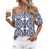 image:imageBTFBM Off The Shoulder Boho Tops for Women 2026 Summer Spring Short Sleeve Floral Loose Resort Beach Vacation ClothesFloral White Navy